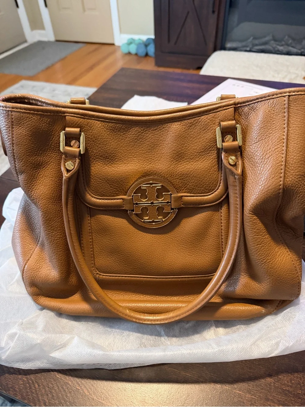 Tory Burch Tan Pebbled Leather Tote with Logo Medallion